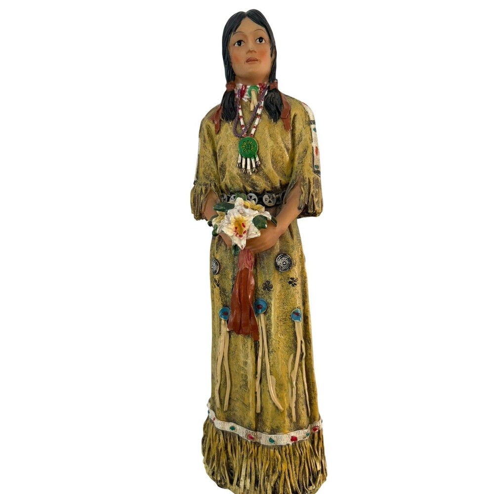 Native American Indian Woman Figurine Sculpture 9.25” Fringed Dress THANKSGIVING